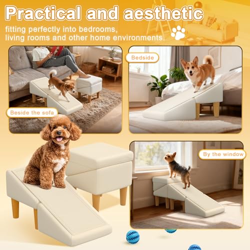 Split Ottoman Dog Ramp, 23-Degree Puppy Ramps for Small Dogs, Solid Wood Anti-Slip Dog Ramp for Couch, Includes Removable Anti-Slip Mat and Seat Cushion, for Small and Injured Dogs & Cats by GenxQian - Image 6