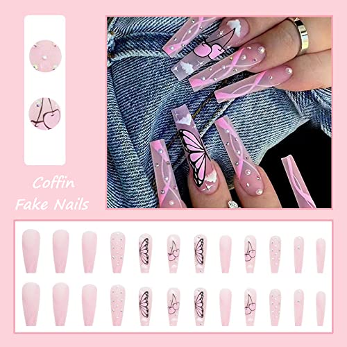 Misud 24 Pcs Coffin Press On Nails Long Fake Nails Matte Glue On Nails Pink Swirl Ballerina Acrylic Nails Bling 3D Rhinestone Pearl False Nails With Butterfly Designs #TOP4