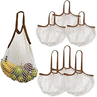 AISIR Grocery Mesh Bags Cotton String Shopping Bags (6 Pack) Reusable Portable, Produce Net Tote Bags with Long and Short Handle Shopping Handbag for Fruit Vegetable Storage.