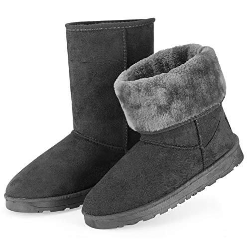 TeqHome Winter Boots for Women Classic Waterproof Snow Boots Warm Mid-Calf Fur Boot (Grey, Adult, Women, 9, Numeric, US Footwear Size System, Medium)