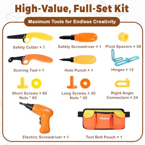 Image of Kids Cardboard Construction Tool Set with Electric Drill & Tool Belt -258PCS, STEM Building Kit for Creative Craft Projects, Educational DIY Engineering Toy for Boys & Girls