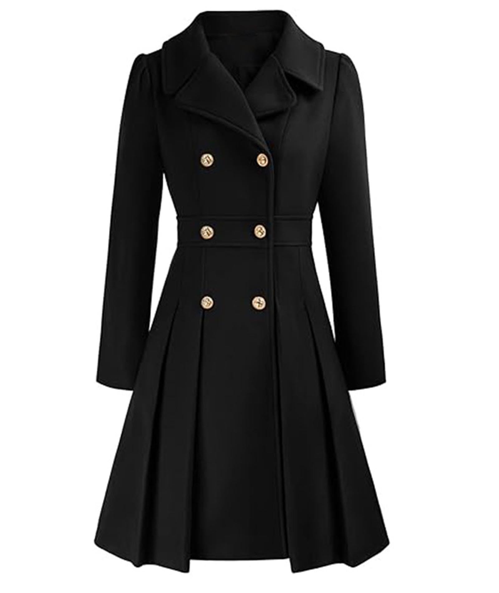 Sexyshine Womens Double Breasted Trench Coat Notch Lapel A-Line Slim Flared Pleated Wool Blend Pea Coat with Pockets
