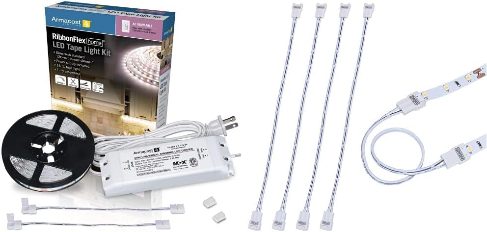 Armacost Lighting 421502 Ribbon Flex Home LED Tape Light Kit, 16 ft, AC Dimmable (3000K) 300 LED Lights & SureLock White LED Tape Light Wire Lead Connector – 5 Pack