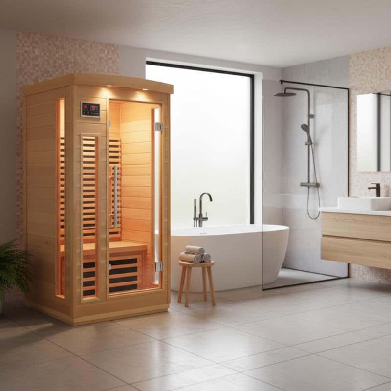 SNÖ Sauna Infrarouge Extérieur 1 Place 1500W Cabine Hemlock Bois Massif Chromothérapie LED Panneaux Carbone Porte Verre Sécurisé Ionisateur Bluetooth