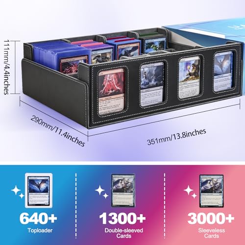 Image of UAONO Trading Card Storage Box with Commander Display; 2400+ Deck Box for MTG with Removable Cover; Top Loaders Card Case fits Magic TCG PTCG Sports Cards; 24 Dividers, 4 Stoppers (Black, Grey)