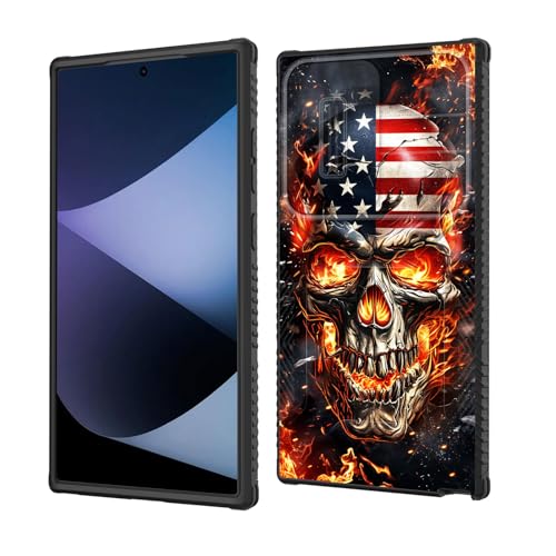 wiaekosef for Galaxy S26 Ultra Case Built in Slide Camera Lens Cover,Heavy Duty Shockproof Protection Dual Layer Case for Samsung Galaxy S26 Ultra 6.9" 2026,American Flag Flame Skull