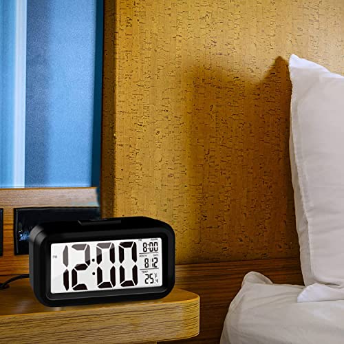 Image of Upgraded Digital Alarm Clock, 4.3 inch LED Display with Temperature Larger Lound Light Control Portable Snooze Calendar Brightness with Battery Powered Alarm Clocks Bedside for Everyone (Black)