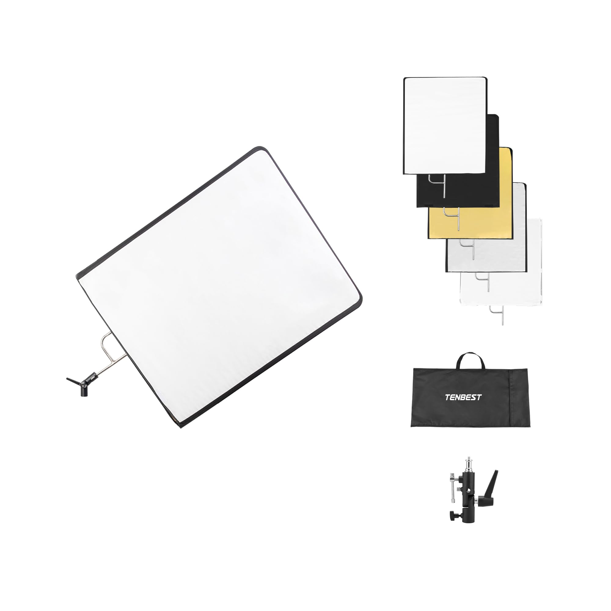 TENBEST Photography Light Reflector Flag Kit, 30x35inches/75x90cm with Light Stand Adapter, 4-in-1 Gold/Silver/Black/White Diffuser and Translucent Diffuser, Foldable Stainless Steel Frame