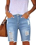 Utyful Women Denim Frayed Ripped Bermuda Shorts Distressed Knee Length Short Jeans Light Blue Large