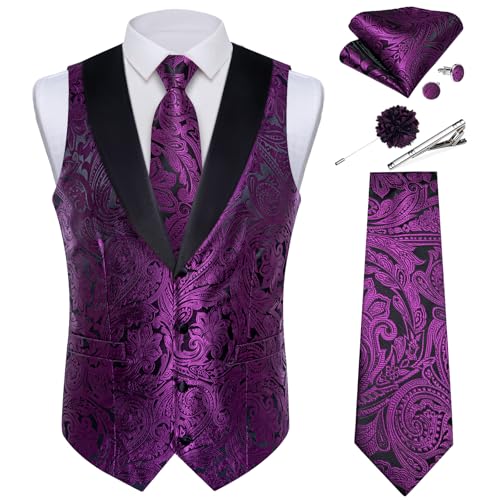 Image of DiBanGu Mens Paisley Suit Vest Silk Jacquard Waistcoat and Necktie Set Formal Shawl Collar Dress Vest 7PCS for Wedding Party