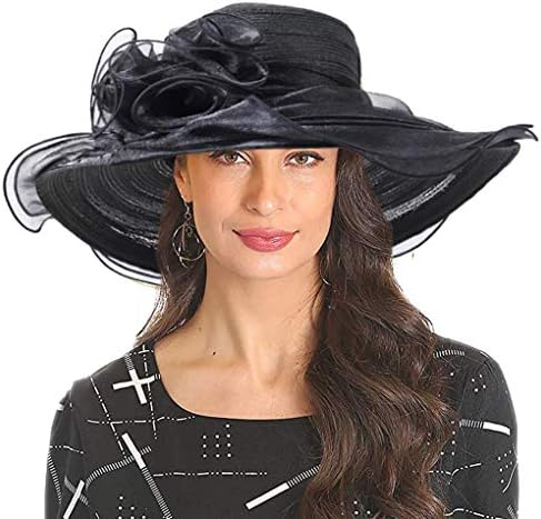 Women's Organza Kentucky Derby Church Dress Hat Fascinator Bridal Wide Brim Tea Party Wedding Hat Black