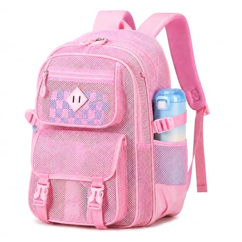 PIG PIG GIRL Mesh Backpack 17in Heavy Duty See Through Backpack Ultra-Lightweight Net Bookbag Breathable Transparent Beach Backpacks for School Sports Gym Pink