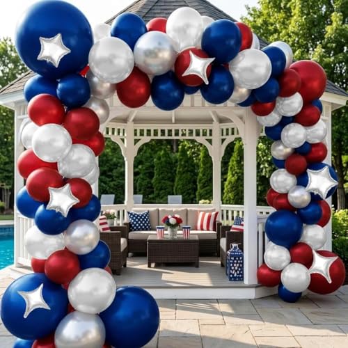 Image of Red White Blue Balloon Arch Double Stuffed Burgundy Navy Blue Balloon Kit | Silver Pearl Balloon with 4,5 Corner Star Foil Balloon Garland for Graduation Patriot Birthday Baby Shower Anniversary Decor