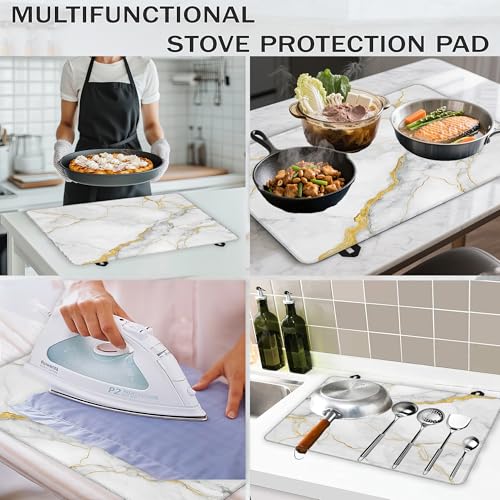 Image of White Gold Marble Stove Top Covers for Electric Stove,Modern Glass Top Stove Cover, Heat Resistant Range Covers for Electric Stove,Washable Countertop Mat, 28 x 20 Inch