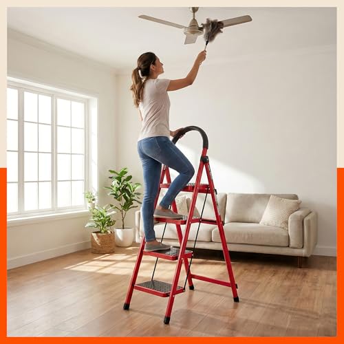Image of Bathla Everest 4-Step Steel Ladder with Safety Hand Grip | Anti-Skid Wide Steps (30L x 20W cm) | Lightweight, Foldable Ladder for Home & Office | 150Kg Load Capacity | 2 Year Warranty (Red)