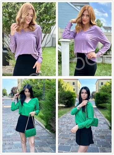 Dokotoo Womens Tops V Dressy Casual Neck Long Sleeve Shirts Buttons Business Casual Hollow Out Lace Embroidered Tops4