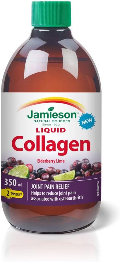Jamieson Liquid Collagen Elderberry Lime Flavour, with 1,200 mg of Hydrolyzed Collagen, Provides Joint Pain Relief. Non-GMO, Gluten-Free, No Artificial Colours or Flavours, 350 mL, Proudly Canadian Jamieson Liquid Collagen Elderberry Lime Flavour, with 1,200 mg of Hydrolyzed Collagen, Provides Joint Pain Relief. Non-GMO, Gluten-Free, No Artificial Colours or Flavours, 350 mL, Proudly Canadian