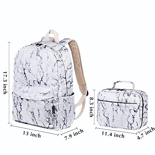 Airyard School Backpack for Girls, Water Resistant Bookbag for Teen Girls Womens Backpack with Lunch Bag (Marble White)2