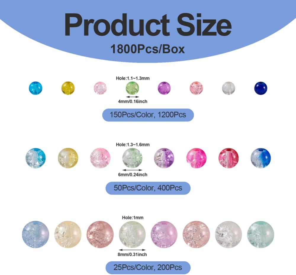 Cheriswelry 1800Pcs 4mm 6mm 8mm Crackle Glass Beads Colorful Round Crackle Glass Beads Loose Spacer Beads for DIY Necklace Bracelet Earring Jewelry Making