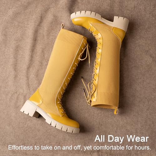 Image of Vepose Women's 953 Knee High Combat Boots Chunky Platform Heel, Lace Up Gothic Punk Work Boots for Dresses and Jeans