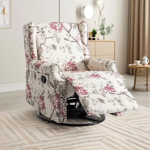 Image of Swivel Rocker Recliner Chair, 360 Swivel Wingback Recliner Chairs for Living Room, Upholstered Printed Fabric Glider Rocking Chair with High Back, Deep Seat forBedroom, Plants Floral
