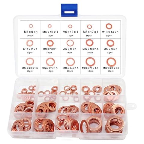 M5-M22 Flat Copper Washers Assorted Metal Solid Copper Crush Washers Set with 15 Size 150PCS Cover
