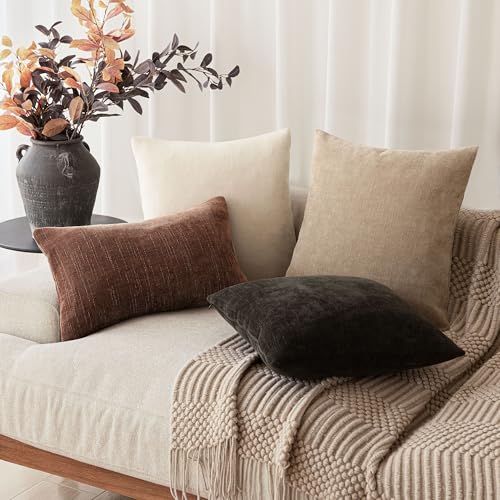 Image of Foindtower Pack of 2 Textured Chenille Throw Decorative Pillow Covers Square Accent Solid Cushion Cover Neutral Farmhouse Lumbar Pillow Case for Couch Sofa Bedroom Living Room 12x20 Inch,Red Taupe