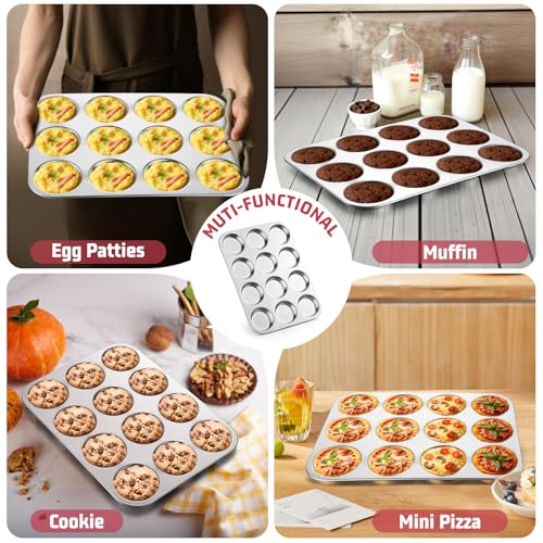 Image of E-far Muffin Top Pan, 12-Cavity Stainless Steel Shallow Cupcake Pan for Yorkshire Pudding, Eggs, Whoopie Pie, Cornbread, Non-toxic & Dishwasher Safe - 2 Pcs