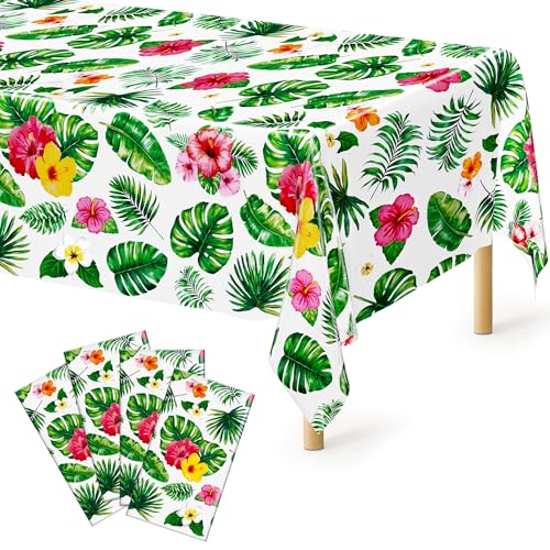 Image of QZYL 4Pcs Luau Party Decorations, 108 inch X 54 inch Floral Leaf Tablecloth, Disposable Plastic Luau Party Decorations, Rectangle Tropical Palm Tablecover for Hawaiian Theme Decor Tropical Summer Beach Pool