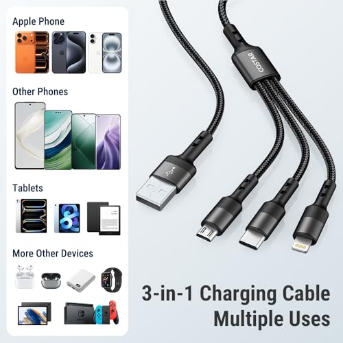 Image of COSTAR 3 in 1 USB Fast Charging Cable Nylon Braided Multiple 2.4A Charging Cable, Compatible For All Smartphone, Iphones and Android, iOS and Type C Devices (1.25M)