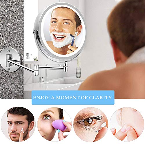 Espelho de maquiagem recarregável iluminado para montagem em parede com 10x de ampliação LED dupla f