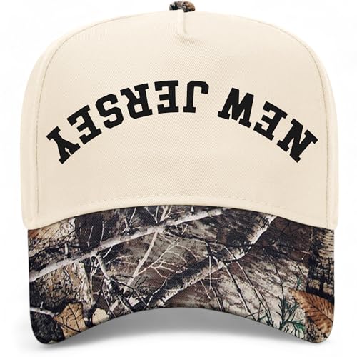 New Jersey Upside Down Reversed Vintage Trucker Hat | NJ | Premium Adjustable Snapback Baseball Hat for Men & Women (US, Alpha, One Size, Tree Camo/Natural)