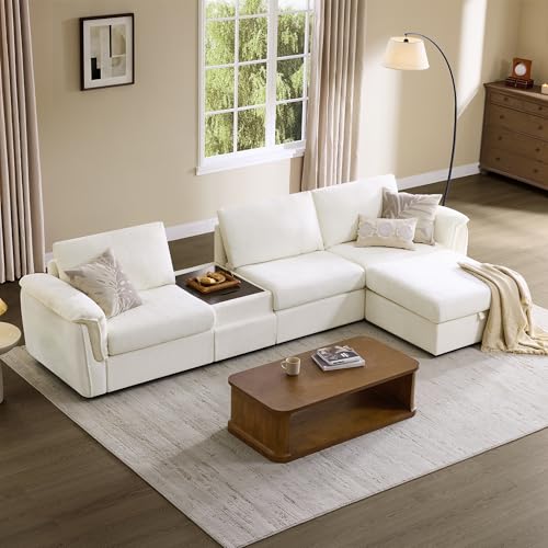 Image of CHITA Extra Large Sectional Couches for Living Room, Cloud Modular Sectional Sofa with Chaise and Console Table, Ottoman with Storage, 3 Seater L Shaped Couch, Chenille in Cream
