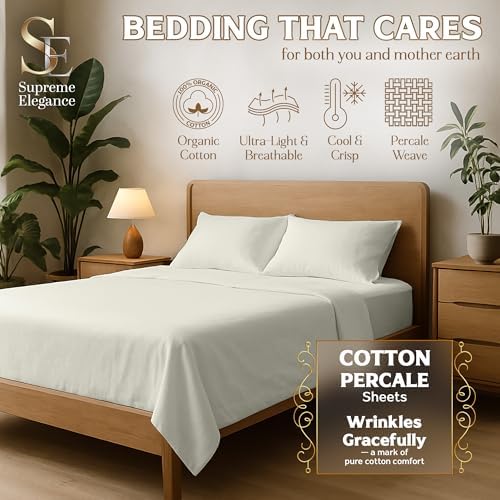 SUPREME ELEGANCE Organic 100% Cotton Queen Sheet Set, 18” Deep Pocket, Snow White | Lightweight, Eco-Friendly Cotton, Percale Softness, Durable & Breathable, Naturally Cooling | All Season Comfort - Thumbnail 2