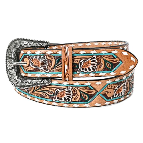 American Darling Beautifully Hand Tooled Tan Genuine American Leather Belt Men and Women Western Belt with Removable Buckle