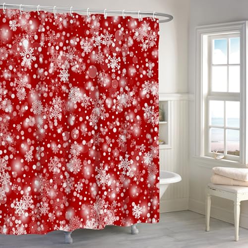 Rideau de douche polyester imperméable rouge et blanc avec crochets - 3