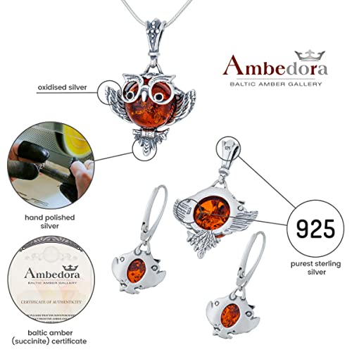 Conjunto de joyas de plata de ley con búho de ámbar báltico para mujer 4