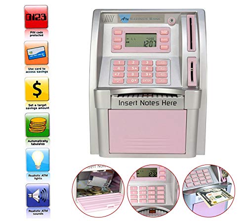 2023 Upgraded Atm Saving Bank Machine For Kids Adults With Card Atm Piggy Bank For Real Money Coin Recognition Mini Atm Savings Bank Money Machine Educational Christmas Birthday Gift(Silver/Pink) #TOP1