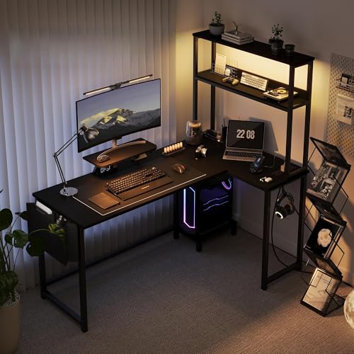 Bureau d'ordinateur d'angle en L avec LED gain de place
