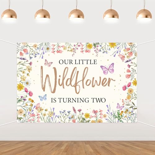 JOYMEMO 5x3ft Wildflower 2nd Birthday Backdrop - Our Little Wildflower is Turning Two Birthday Decorations Girl, Watercolor Floral Themed Flower Daisy Butterfly Photography for Second Birthday Party