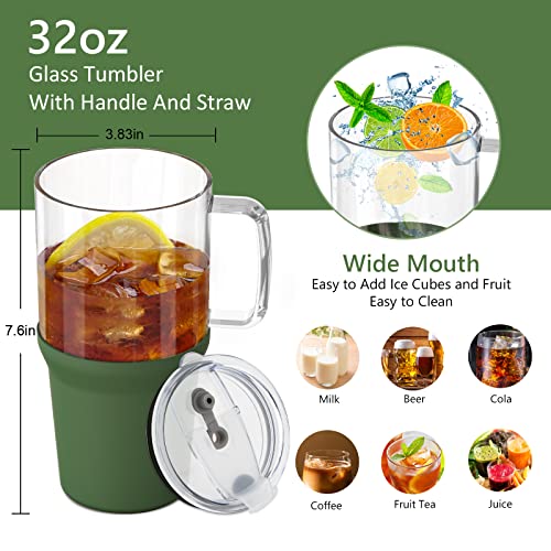 Sursip 32 Oz Glass Tumbler With Handle, Glass Water Bottles With Lid And Straw, Reusable Iced Coffee Cup With Silicone Sleeve - Fits In Car Holder, Bpa Free, Leak Proof, Dishwasher Safe (Olive Green) #TOP3