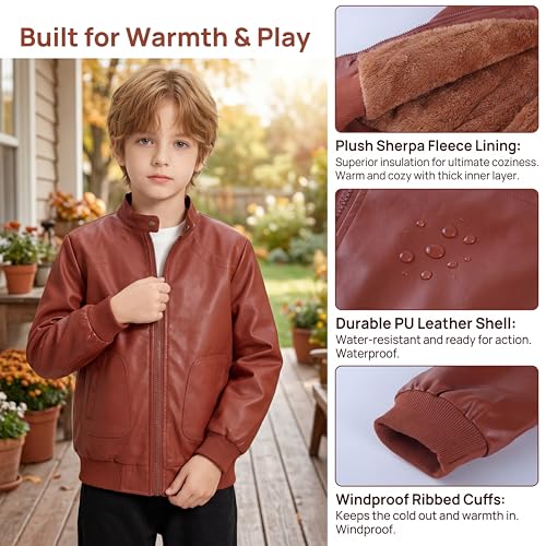 Image of Boys Trendy Stand Collar PU Leather Moto Jacket - Winter Warm Lined Coat with Zipper Closure for Kids (Age 3-12)