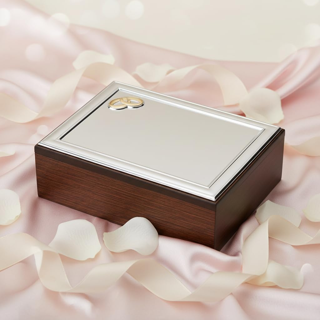 Argenteria MB Cofanetto Portagioie per Il Matrimonio o per Un Anniversario di Nozze, Realizzato in Legno con Targa in Argento PVD Personalizzabile con i Nomi, La Data dell'Anniversario o Una Dedica