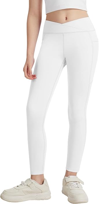 QooNoo Girls Leggings High Waisted Yoga Pants for Kids with Pockets Athletic Running Solid Color Full Length Pants