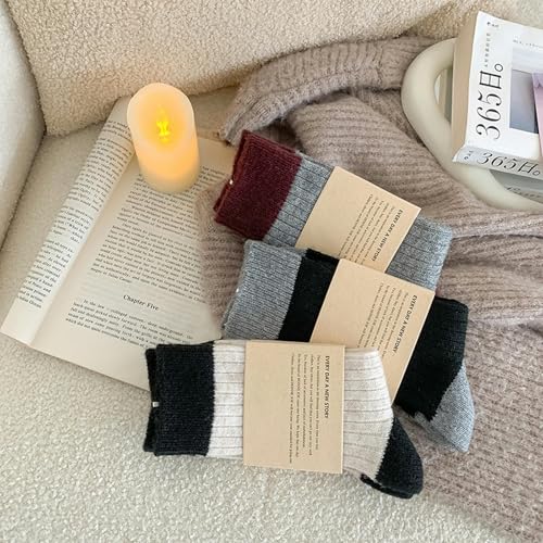 5 pairs - autumn and winter color-blocked thick warm mid-tube cashmere socks, fresh and versatile pile socks3