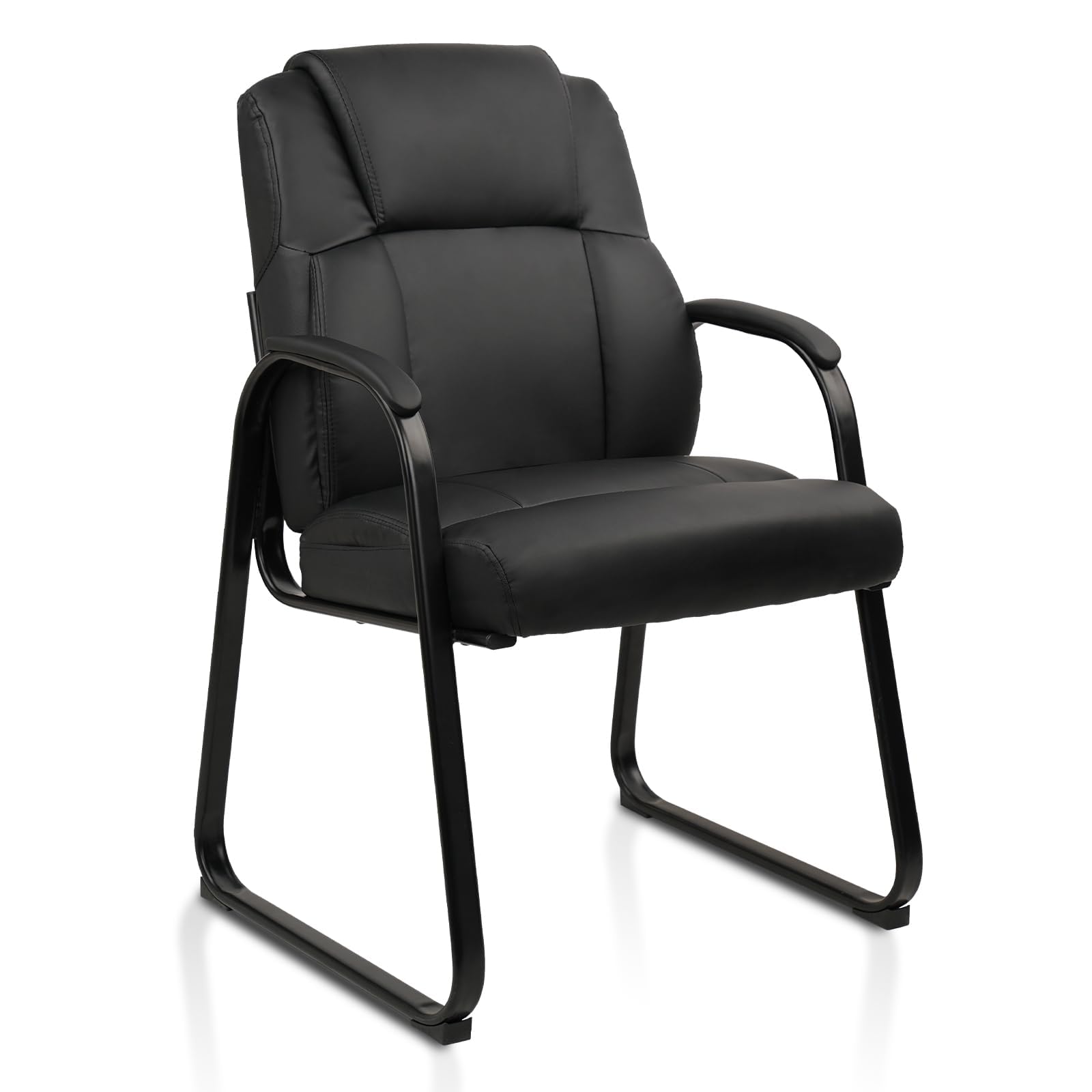 CLATINA Leather Guest Waiting Reception Chair with Padded Arm Rest and Thick Seat Cushion Sled Base Comfy Stationary Desk Chairs for Office Home Conference Meeting Lobby Hall Side Break Room, Black