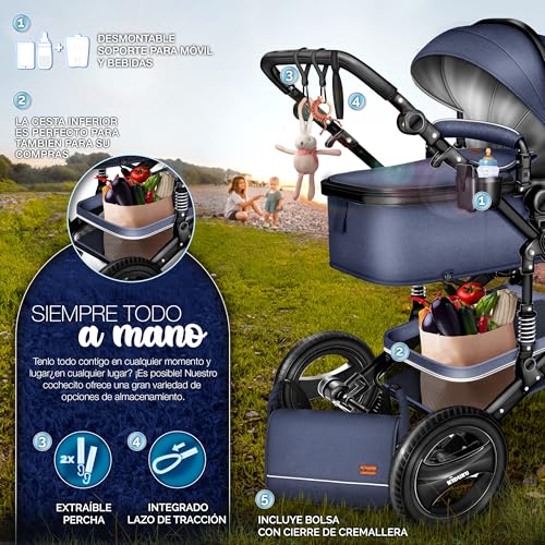 Miniatura 7 de Kiduku Carrito De Bebé 3 En 1 Silla De Paseo Para Niños Carricoche De 3 Piezas Capazo, Cambiador, Cubrepiés Sillita Coche Ligera Infantil Ece R129