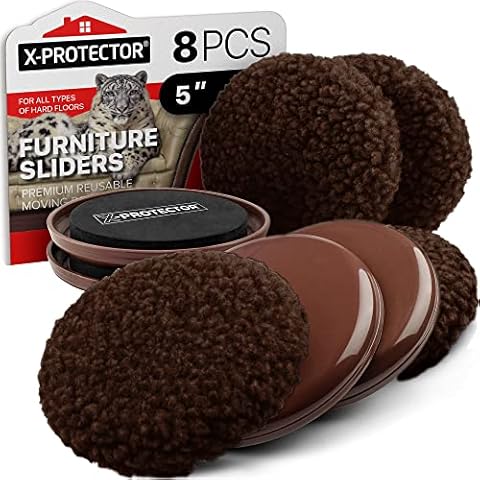Furniture Sliders X-PROTECTOR - 4+4 Pack 5” - Brown Multi-Surface Furniture Sliders for Carpet & Hard Floors - 4 Furniture Movers for Carpeted Floors and 4 Hardwood Socks - Move Furniture Easily! Cover