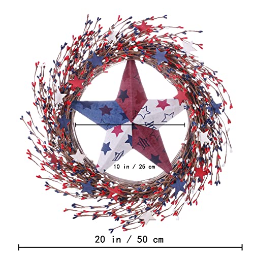 Yawwind Patriotic Wreath 4Th Of July Wreath 20 Inch With Red White And Blue Berry Metal Stars Embellished And Metal Star, Red White And Blue Wreaths Memorial Day Wreaths For Front Door Decor #TOP1