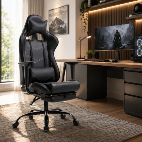BestOffice | Ergonomic Gaming Chair | Black | Reclining Computer Chair with Lumbar Support, Headrest Pillow, Adjustable Footrests | 360 Swivel with Heavy Duty Wheels | for Home & Office